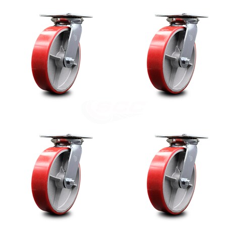 Heavy Duty Large Top Plate Polyurethane on Cast Iron Swivel Caster Set of 4 w/8" x 2" Red Wheels - Includes 4 Swivel - 5000 lbs Total Capacity - Service Caster Brand